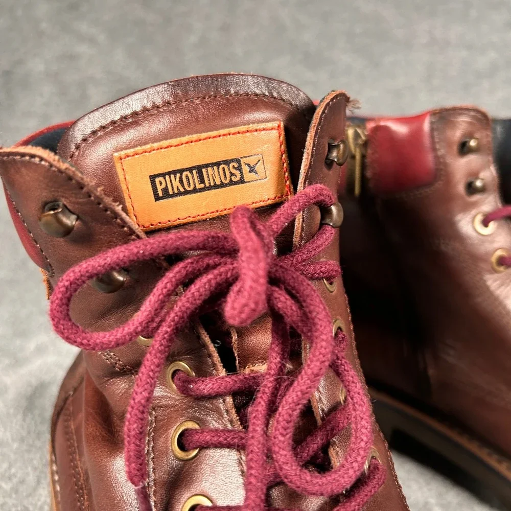 Pikolinos York Boots Brown Cognac Leather Burgundy Red Side Zip Mens 8 EU 41